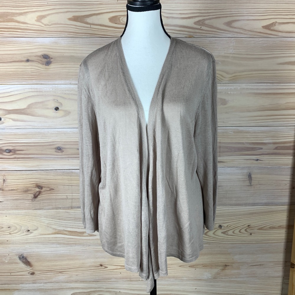 Chico's Cardigan Women 3 Tan Open Front 3/4 Sleeve Ramie Rayon Knit Sweater